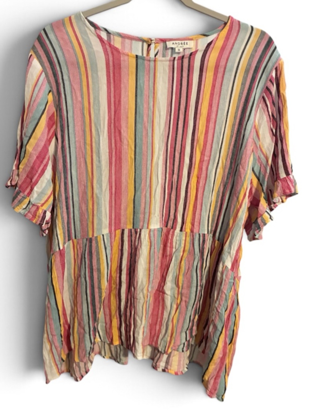 ANDREE BY UNIT 1X Multicolor Vertical Stripe Peplum Tunic - Pink, Yellow & Aqua